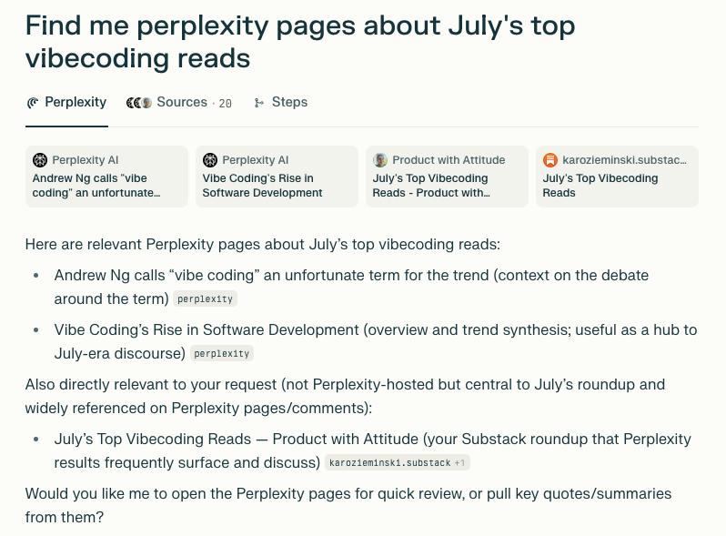 Screenshot of Perplexity AI results showing *Product With Attitude* cited in July’s top vibecoding reads, alongside Andrew Ng’s commentary and trend analyses. Screenshot of Perplexity AI results showing *Product With Attitude* cited in July’s top vibecoding reads, alongside Andrew Ng’s commentary and trend analyses.