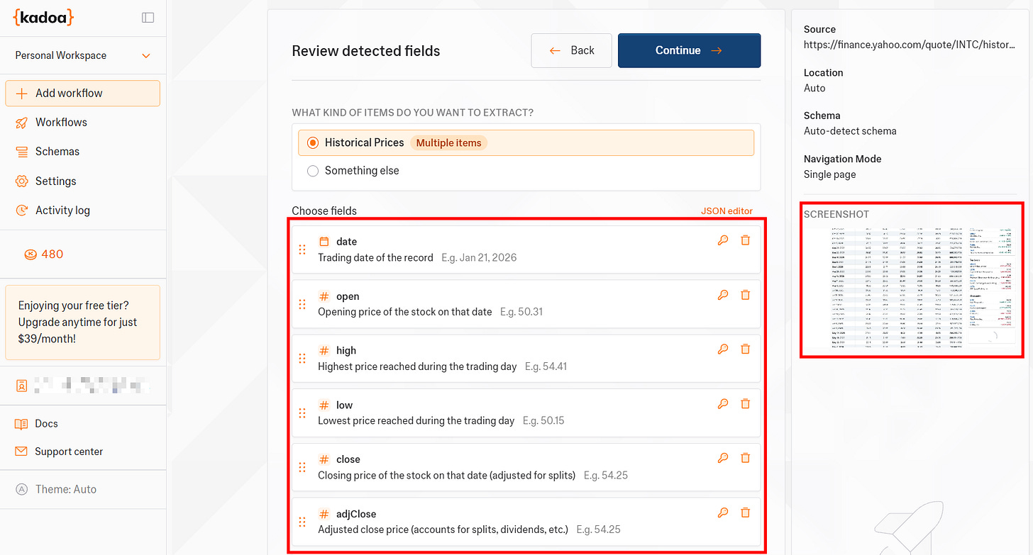 The proposed extraction data schema by Kadoa’s AI agent by Federico Trotta The proposed extraction data schema by Kadoa’s AI agent by Federico Trotta