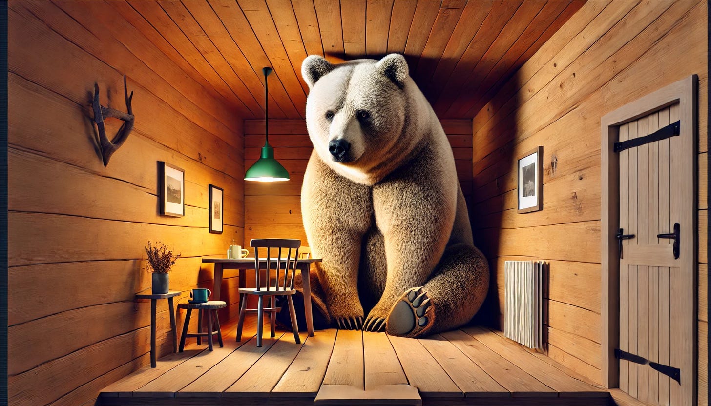 A huge bear sitting in a small room with its head bumping against the low ceiling. The room is cramped, with minimal furniture, such as a small table and chair, emphasizing the bear's enormous size. The bear appears gentle and calm despite the tight space. The scene is cozy with warm lighting, wooden walls, and a rustic, cabin-like atmosphere. The perspective highlights the bear's large frame in contrast to the small room. Highly detailed, realistic style.