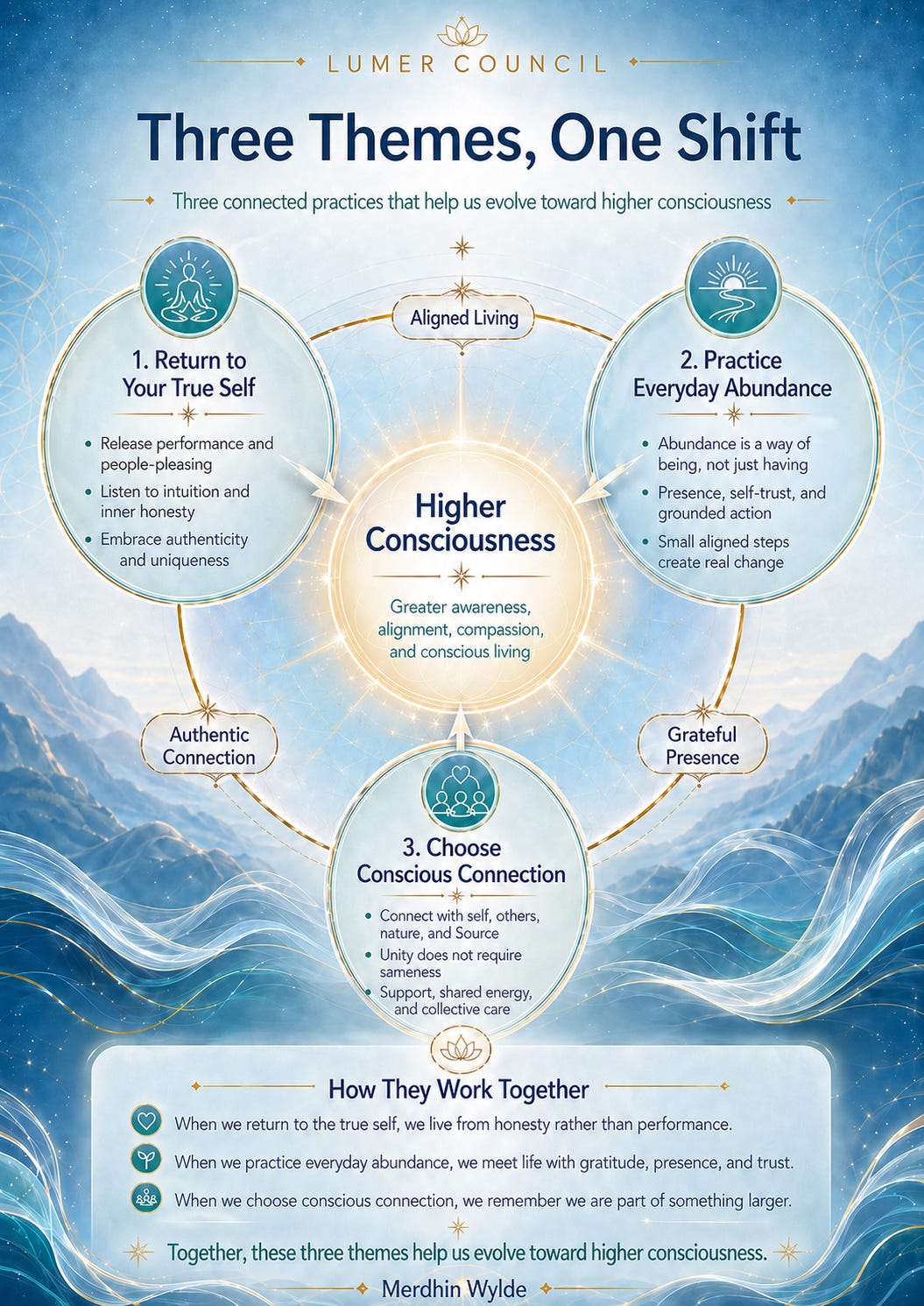 Infographic titled โThree Themes, One Shiftโ from Lumer Council. Three connected practices, โReturn to Your True Self,โ โPractice Everyday Abundance,โ and โChoose Conscious Connection,โ surround a glowing center labeled โHigher Consciousness.โ Connector labels read โAligned Living,โ โAuthentic Connection,โ and โGrateful Presence.โ A bottom section explains how the practices work together to support honesty, gratitude, presence, trust, connection, and evolution toward higher consciousness. Author credit reads โMerdhin Wylde.โ Infographic titled โThree Themes, One Shiftโ from Lumer Council. Three connected practices, โReturn to Your True Self,โ โPractice Everyday Abundance,โ and โChoose Conscious Connection,โ surround a glowing center labeled โHigher Consciousness.โ Connector labels read โAligned Living,โ โAuthentic Connection,โ and โGrateful Presence.โ A bottom section explains how the practices work together to support honesty, gratitude, presence, trust, connection, and evolution toward higher consciousness. Author credit reads โMerdhin Wylde.โ