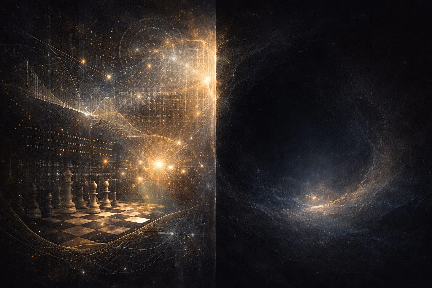 Split abstract artwork contrasting competence and presence: the left side contains glowing grids, chessboard fragments, flowing lines, and numeric patterns suggesting calculation, prediction, and fluent performance, while the right side opens into a dim, quiet inner field with no obvious sign of lived subjectivity.