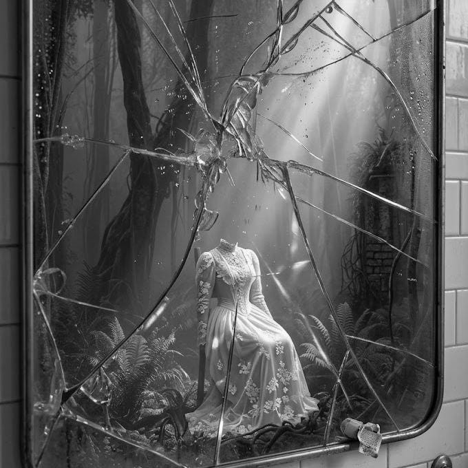 Broken mirror on a bathroom wall reflecting a headless wedding dress seated in a foggy forest. Black and white. Gothic horror.