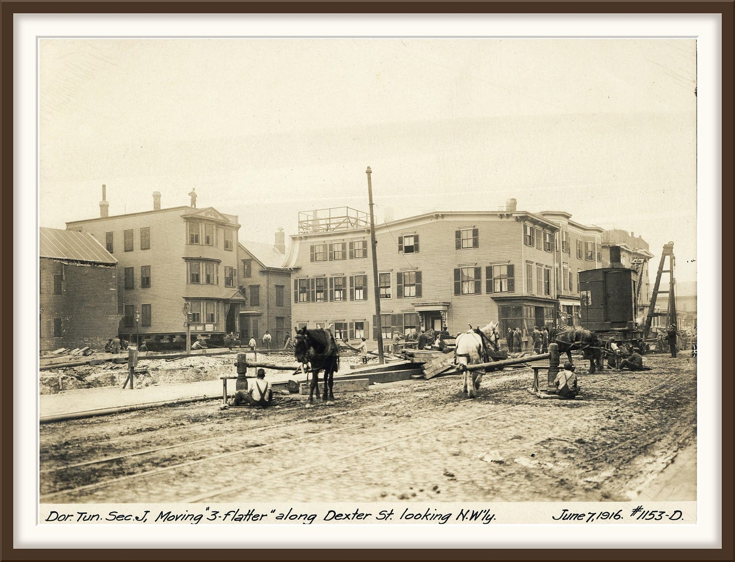 Four horse-powered capstans in a Boston street in 1916, moving a three-story wooden house Four horse-powered capstans in a Boston street in 1916, moving a three-story wooden house