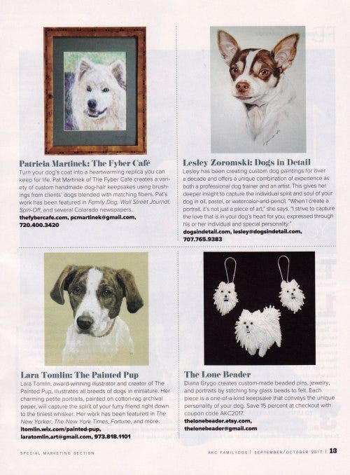 AKC Family Dog Magazine Sept./ Oct. 2017 The Lone Beader Boston Bead Artist Dogs Jewelry Canine Art Gallery AKC Family Dog Magazine Sept./ Oct. 2017 The Lone Beader Boston Bead Artist Dogs Jewelry Canine Art Gallery