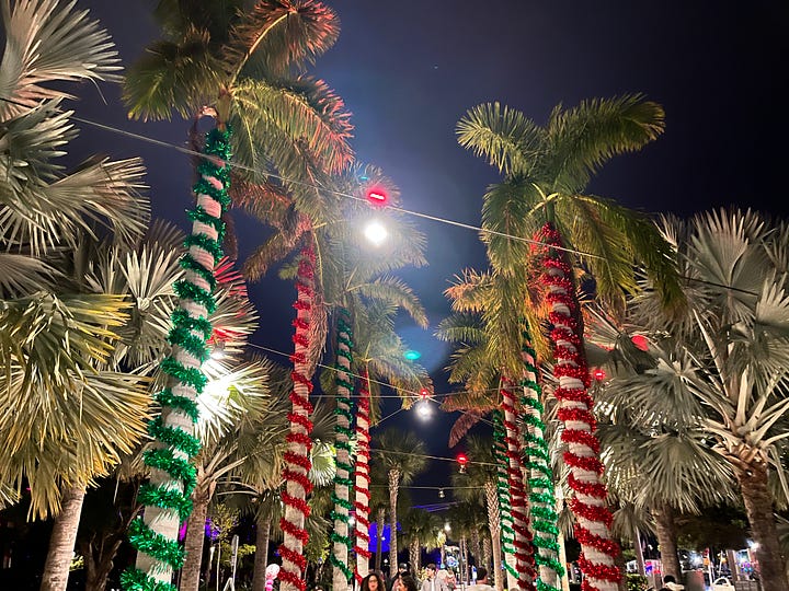 christmas, palm trees, christmas trees, wreath, decorations