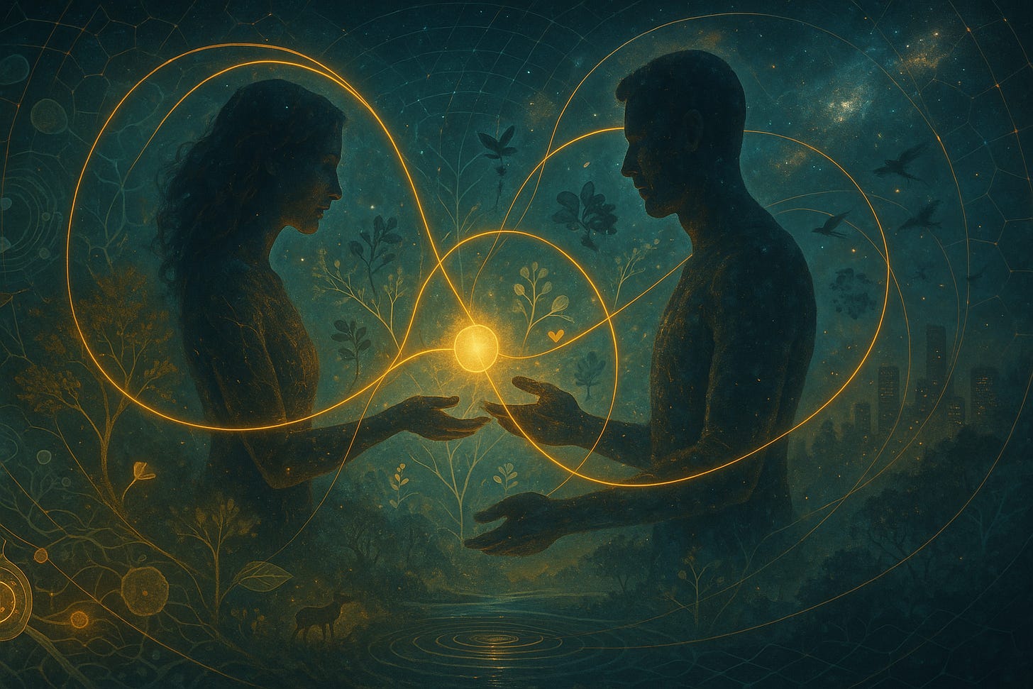 Two human silhouettes exchange a glowing orb as golden infinity-loops weave between them, amid sprouting plants and stars—symbolizing relational evolution.