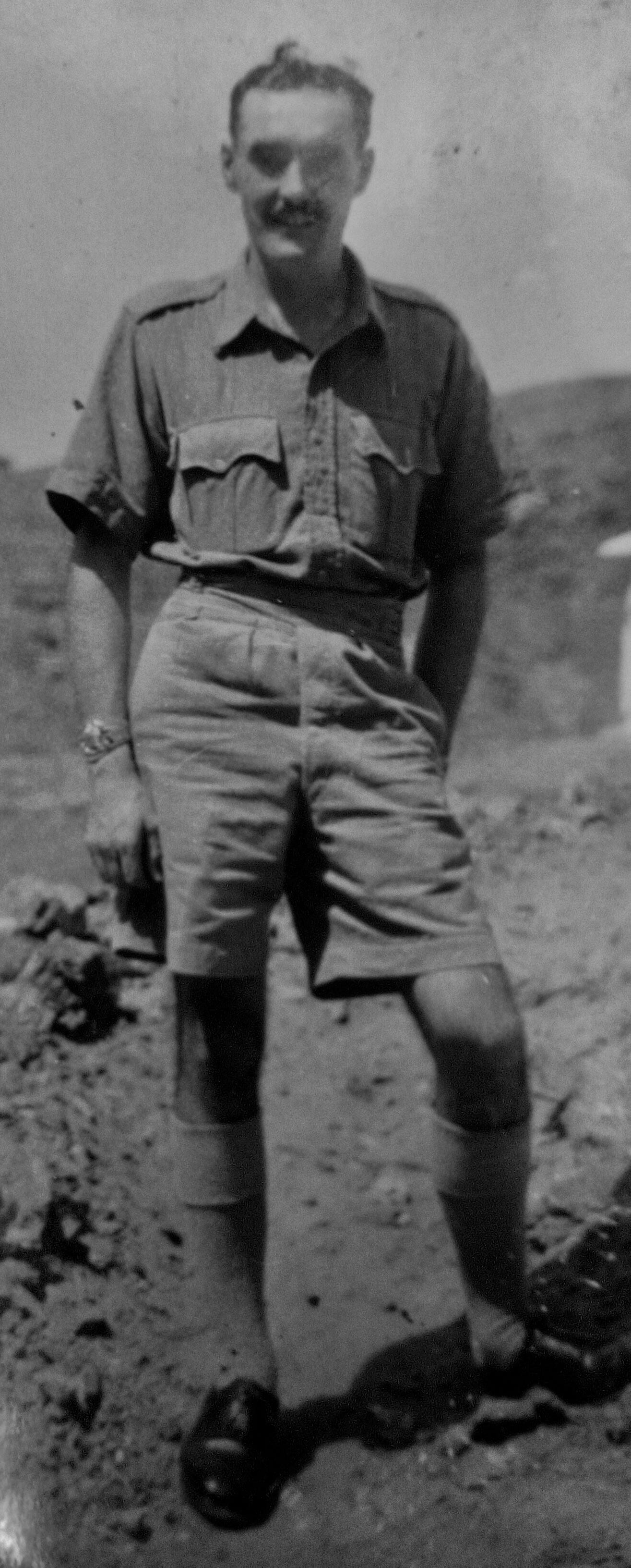 A young dark haired man stands. He wears short sleeved shirt and shorts.