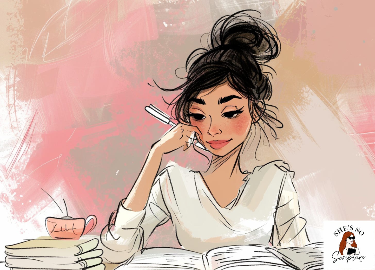 Whimsical watercolor fashion illustration of a woman in a cream blouse studying an open letter and Bible at a sunlit writing desk surrounded by handwritten pages.