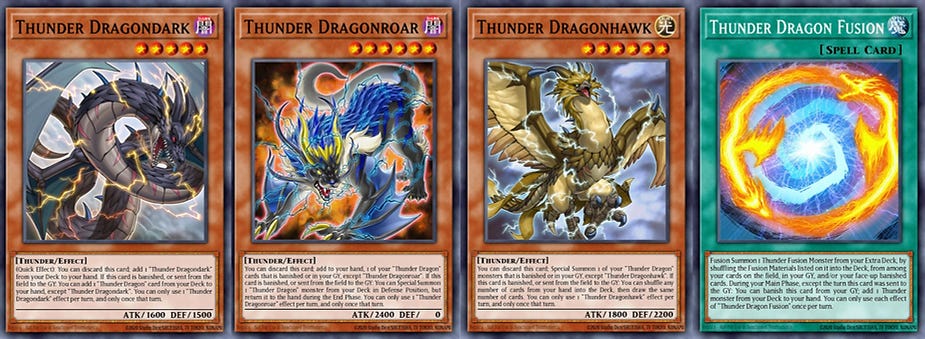 Four Yu-Gi-Oh! cards: Thunder Dragondark, Thunder Dragonroar, Thunder Dragonhawk, and Thunder Dragon Fusion spell card.