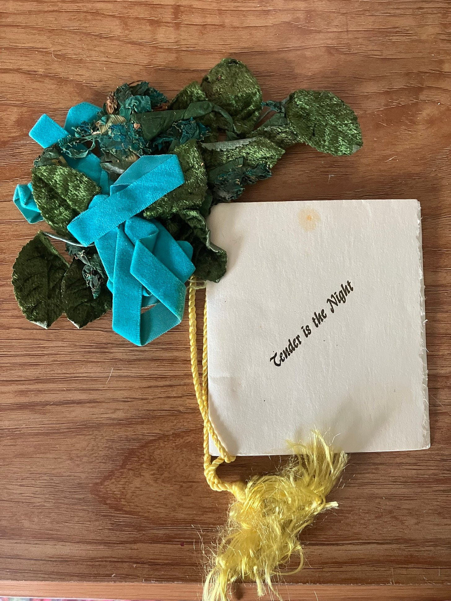 Leafy corsage and a ticket/invitation reading: "Tender is the night."