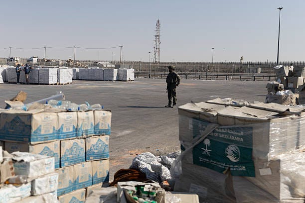Humanitarian aid packages waiting to be picked up on the Palestinian side of the Kerem Shalom Crossing Point on July 24, 2025 in Kerem Shalom, Gaza...