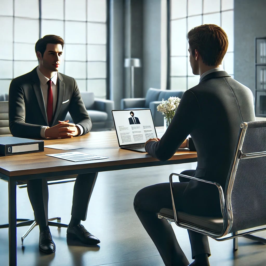 A realistic depiction of a job interview between two people in a professional office setting. One person, dressed in formal business attire, is seated at a desk with a laptop and papers, looking attentive and engaged. The other person, also in professional attire, sits across the desk, speaking confidently. The office has a modern design, with a large window letting in natural light and minimalistic decor. The atmosphere is professional yet approachable. A realistic depiction of a job interview between two people in a professional office setting. One person, dressed in formal business attire, is seated at a desk with a laptop and papers, looking attentive and engaged. The other person, also in professional attire, sits across the desk, speaking confidently. The office has a modern design, with a large window letting in natural light and minimalistic decor. The atmosphere is professional yet approachable.