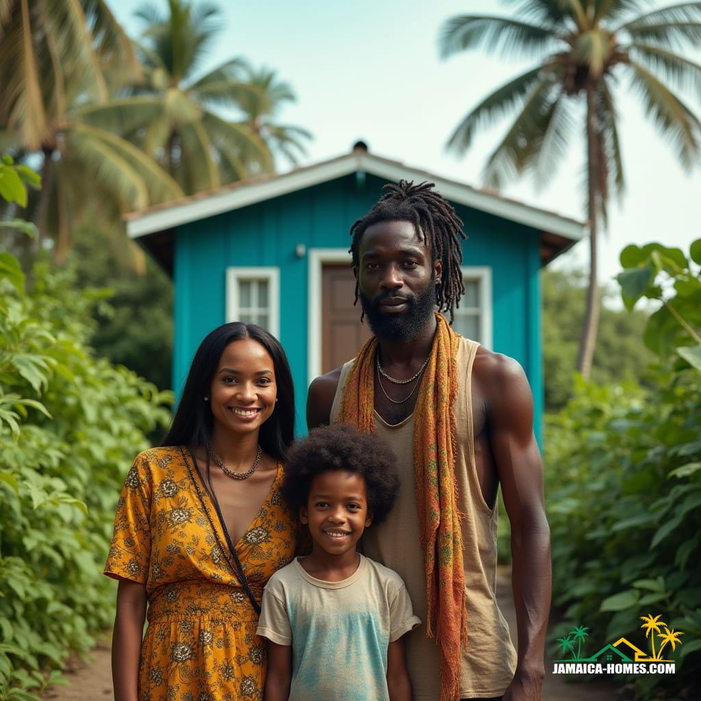 A Jamaican family of three stands proudly in front of their newly acquired 20-foot container home, a humble abode nestled among the lush tropical foliage. The father, a stately Black man with a strong presence, sports a Rastafarian style, his dreadlocks neatly tied back, wearing a traditional Ethiopian scarf and earthy tones. Beside him, the mother, a beautiful Chinese-Jamaican woman with long, dark hair, beams with pride, her bright smile reflecting the warmth of the sun. Their young, mixed-race son, with an unruly mop of curly hair, grins mischievously, exuding the carefree joy of childhood. The compact container home, resembling a single garage, blends seamlessly into the surroundings, its simplicity a testament to the family's modest yet hopeful beginnings. The atmosphere is alive with the vibrant hues of tropical plants and the bright, cerulean sky, evoking the warmth and beauty of the Caribbean. Inspired by the works of Lorna Simpson, Carrie Mae Weems, and Gordon Parks, with a cinematic aesthetic reminiscent of a film still shot on 35mm, using a v-raptor XL camera, incorporating film grain, vignette, and masterful color grading, this image exudes a sense of realism, drama, and epic storytelling, inviting the viewer to bask in the radiance of this tender family moment.