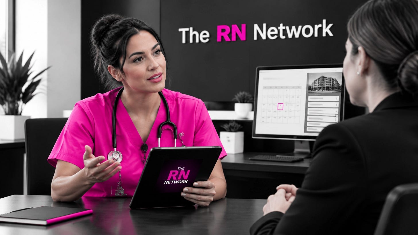 Registered nurse in pink scrubs speaking with a healthcare recruiter Registered nurse in pink scrubs speaking with a healthcare recruiter
