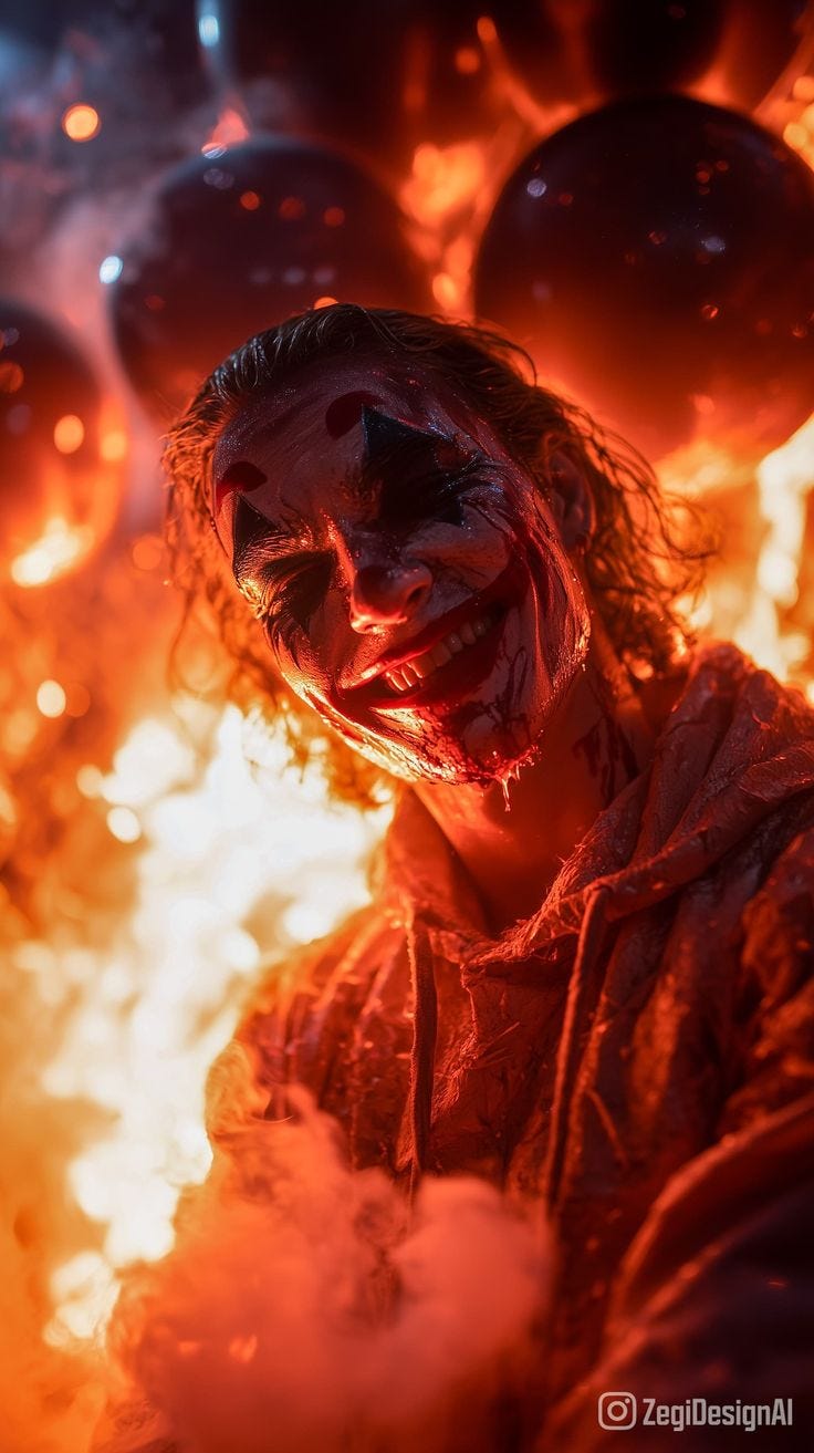 This may contain: a man dressed as the joker in front of some balloons and fire with his mouth open This may contain: a man dressed as the joker in front of some balloons and fire with his mouth open