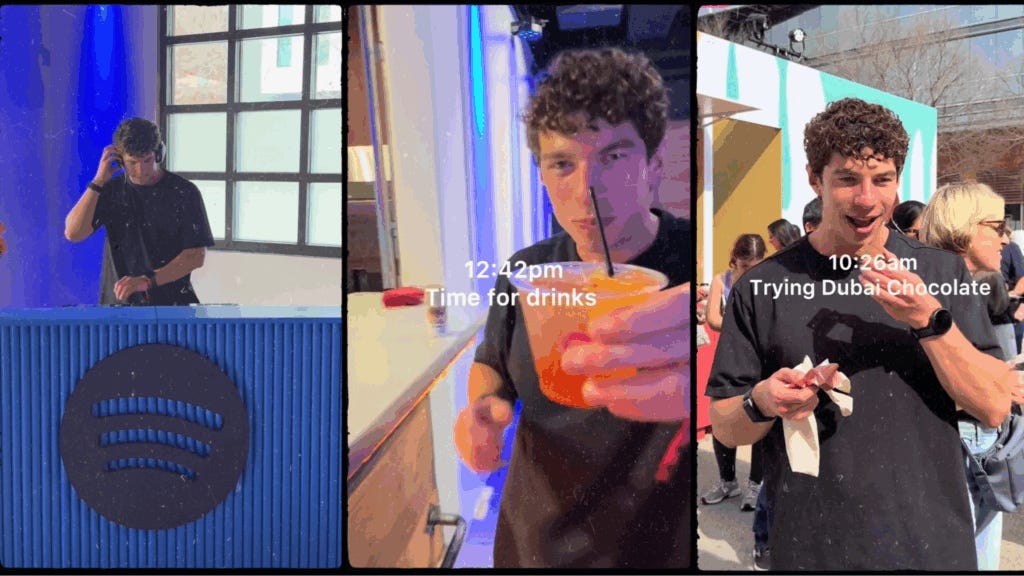 A three-panel collage showing TikTok creator Chase Ridgeway at SXSW. In the first panel, he DJs at a booth with the Spotify logo. In the second, he holds up a bright orange cocktail with the timestamp “12:42pm Time for drinks.” In the third, he eats “Dubai chocolate” in a crowd with the timestamp “10:26am Trying Dubai Chocolate.”