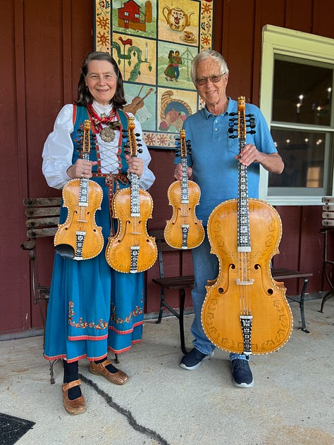 picture of the Hardanger Quartet instruments, with Lynn Berg and Loretta Kelley