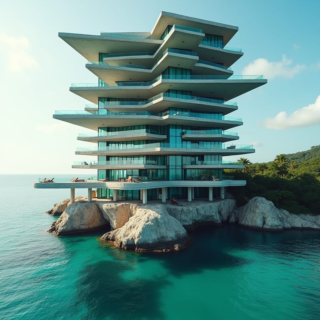 Sleek, modern Jamaican skyscraper in Ocho Rios, Jamaica, rising from the sea, with multiple levels of glimmering pools, expansive glass surfaces, and rugged concrete platforms, featuring dramatic protruding platforms at various heights, overlooking the turquoise Caribbean waters.
