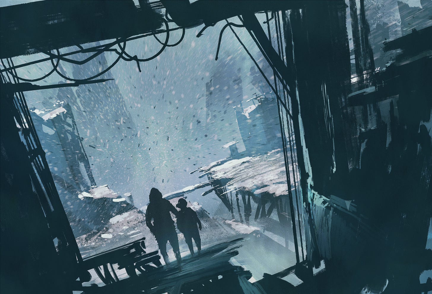 Illustration of a parent and child walking through a ruined city in a storm. 