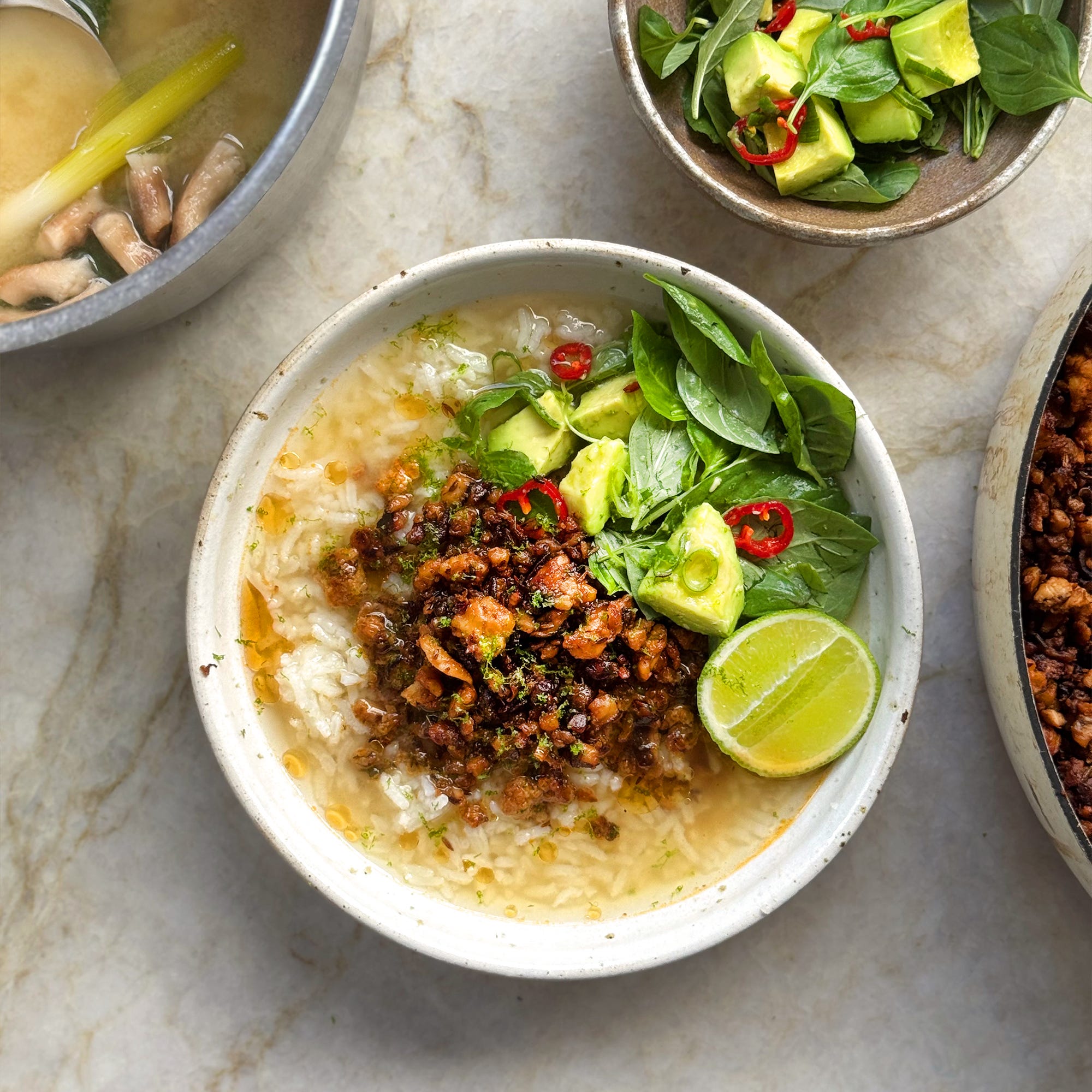 Atlantic Brothy Rice Brothy tempeh rice bowl & whipped tofu with roasted carrots