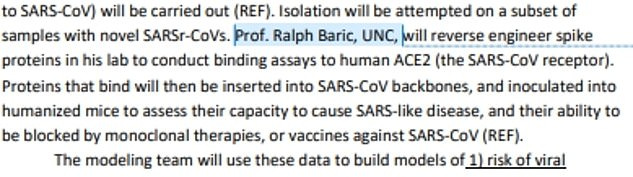 The above is an excerpt of an email from the March 2018 DEFUSE proposal showing a comment from PD - Peter Daszak.