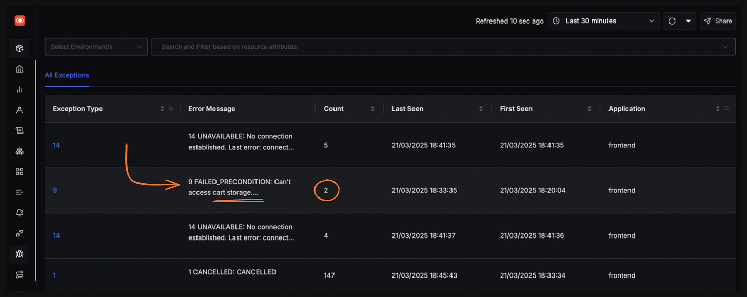 Exceptions Tab used for debugging service failure