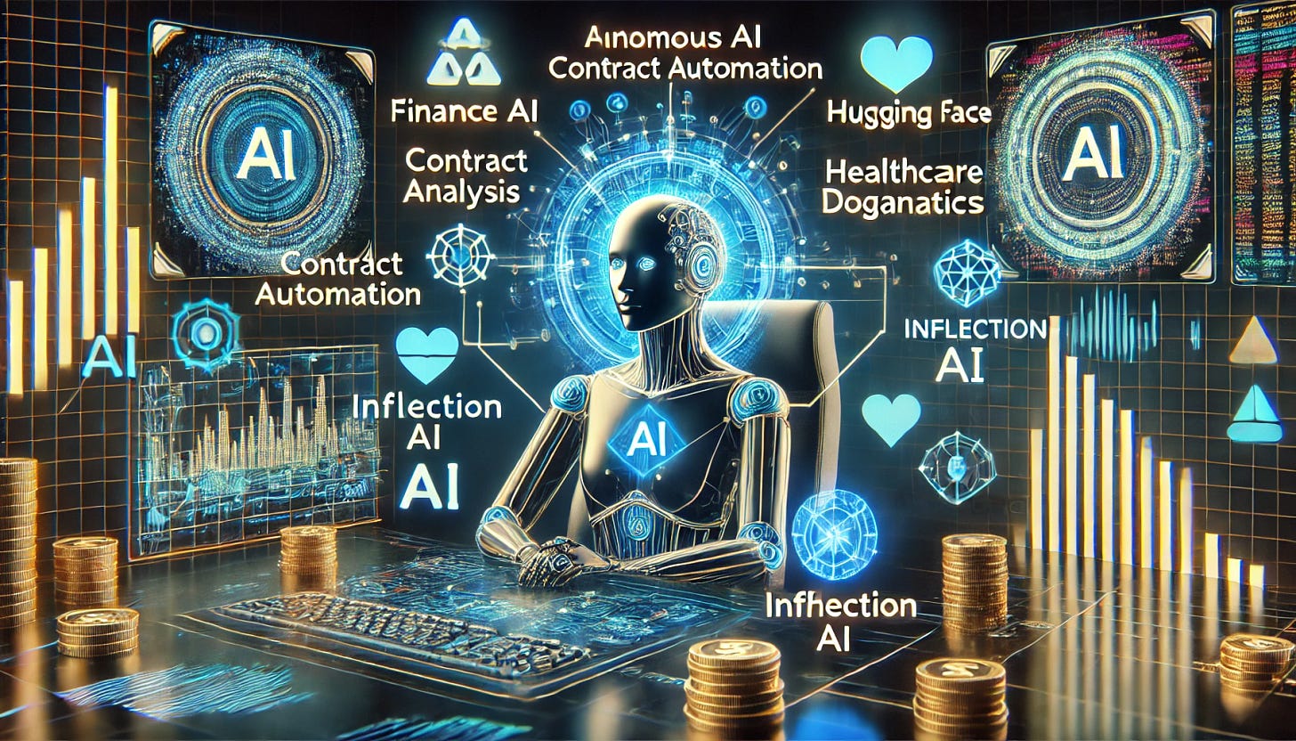 A high-tech futuristic AI investment landscape featuring autonomous AI agents working on financial analysis, contract automation, healthcare diagnostics, and customer service. The scene includes holographic interfaces displaying AI-driven workflows, stock market analytics, and startup logos like Adept AI, Hugging Face, Inflection AI, Cohere, and Anthropic. The color scheme is sleek, blending neon blue, gold, and dark futuristic tones to emphasize innovation and wealth.
