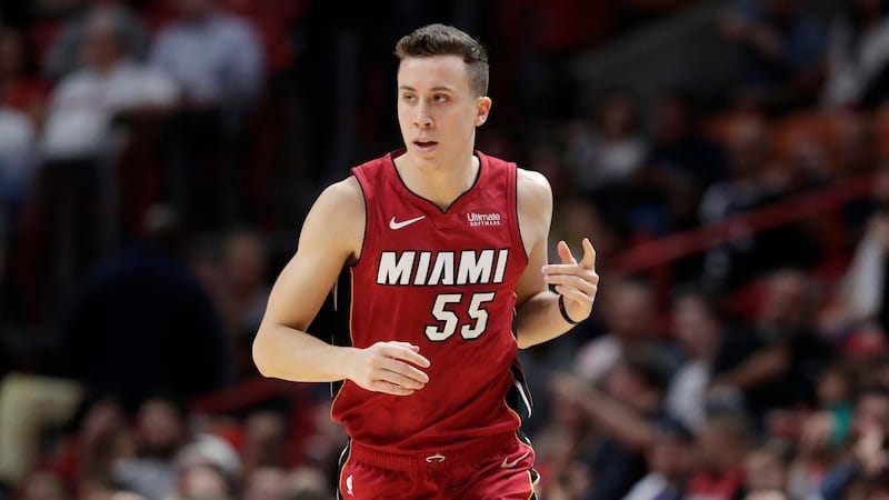 Miami Heat forward Duncan Robinson (55) reacts after shooting as three-pointer during the... Miami Heat forward Duncan Robinson (55) reacts after shooting as three-pointer during the...