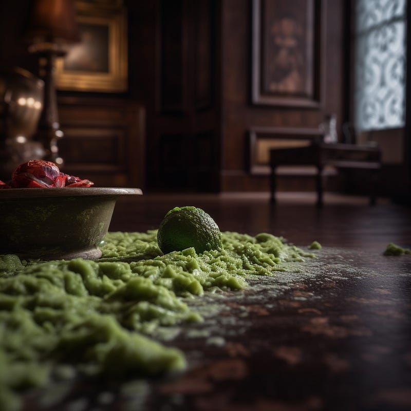 Smashed avocado on a dark floor.
