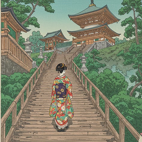 Ukiyo-e prints of a woman walking up to a temple by FLUX, GPT-4o, Ideogram, Imagen, Reve, Seedream