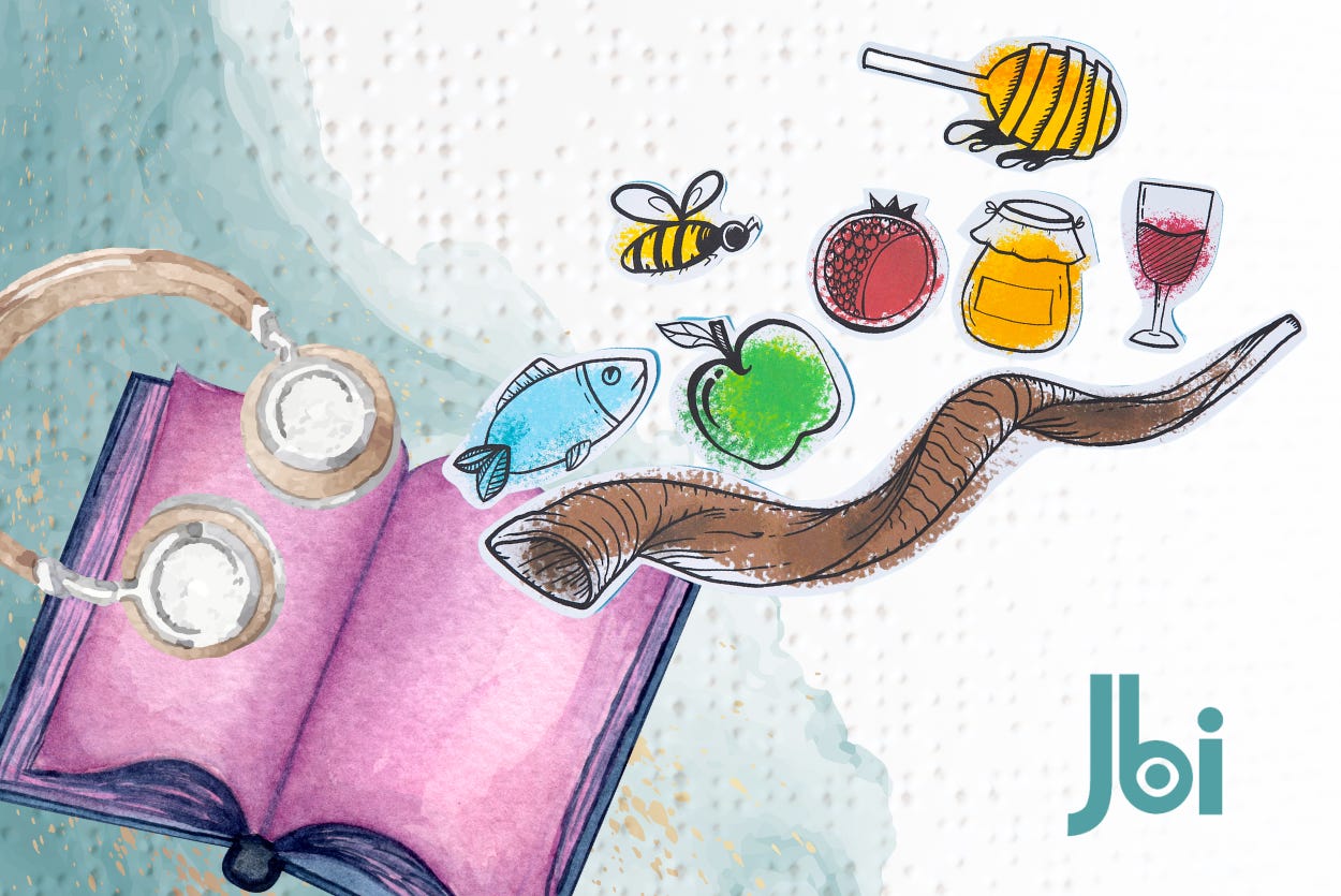 A montage of High Holiday images include a shofar, an open prayer book, honey, an apple, a fish, a pomegranate, a bee and audio headphones.