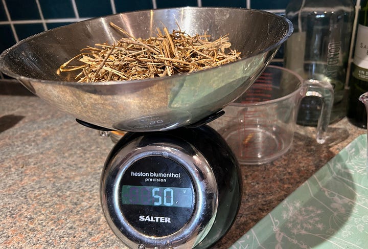Four images showing dried cramp bark on scale and in jar with added alcohol mixture