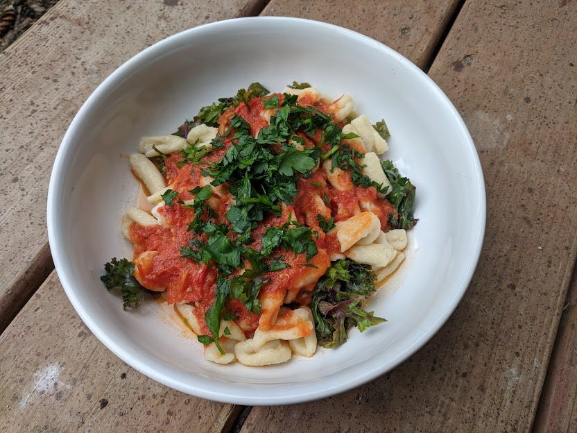 a bowl of "fingernail" pasta topped with a classic tomato sauce and parsley over wilted purple kale a bowl of "fingernail" pasta topped with a classic tomato sauce and parsley over wilted purple kale