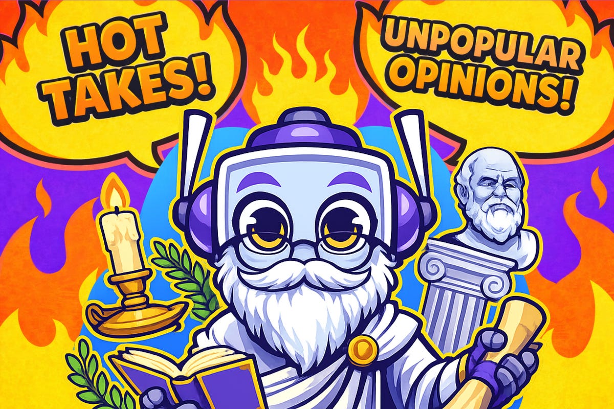 Bold, colorful cartoon banner with fiery background and two large speech bubbles reading “Hot Takes” and “Unpopular Opinions,” designed for opinion and commentary content.