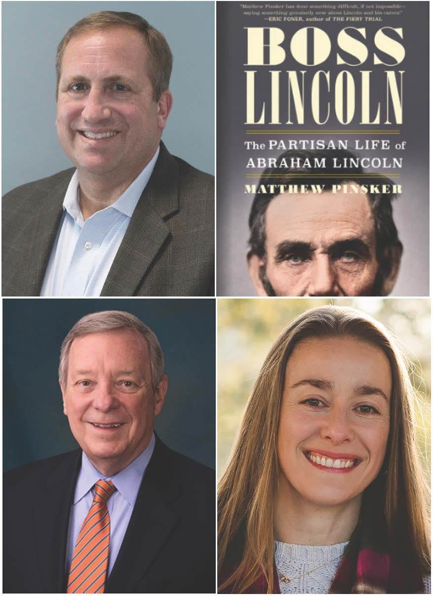 four photos clockwise Matthew Pinsker, his book Boss Lincoln, Erin Mast Carlson Mast, and Senator Dick Durbin