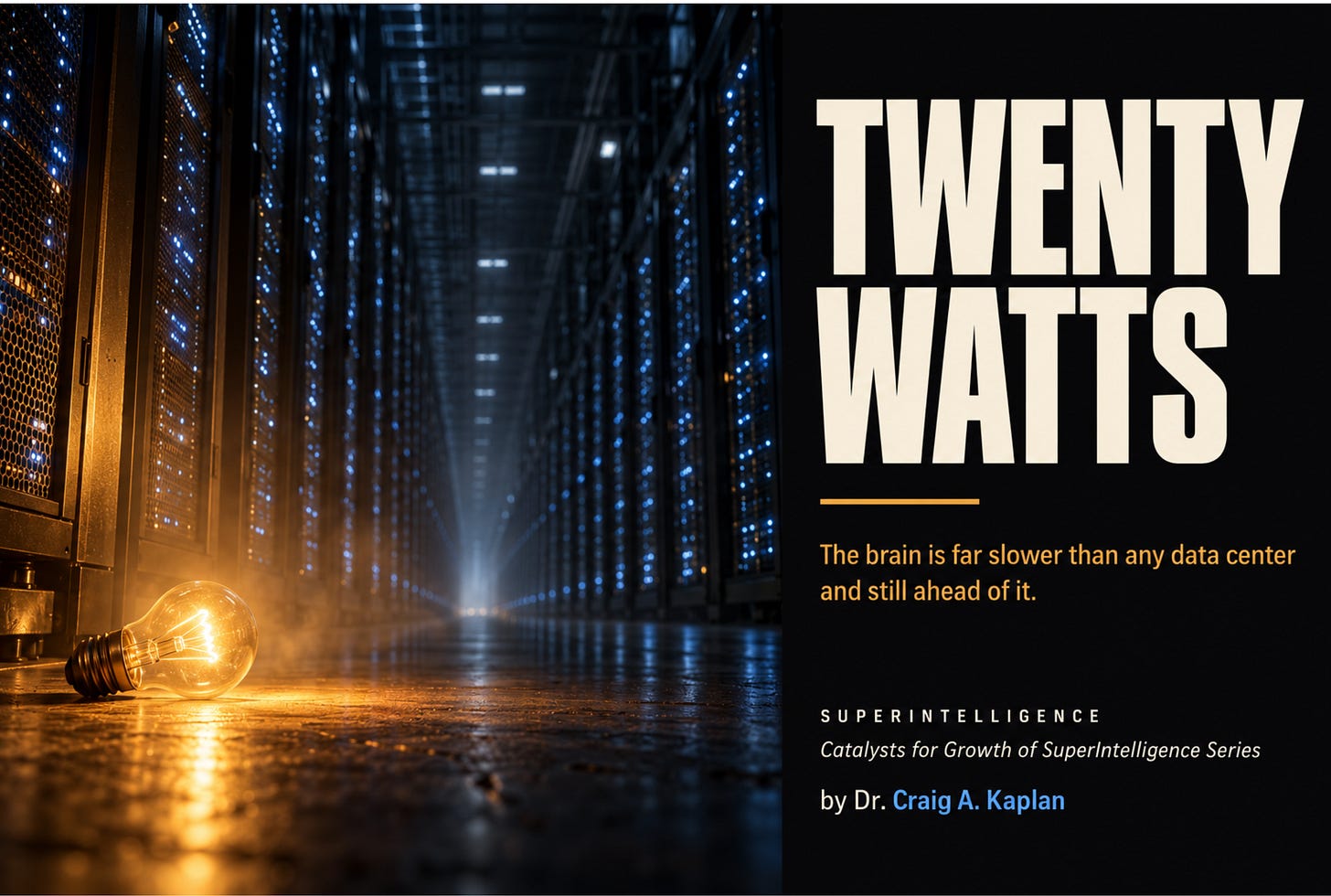 A vast data center corridor at night, its server racks covered in thin cold blue lights receding into the distance. In the foreground sits a single small incandescent bulb glowing warm amber, casting far more light than the entire corridor behind it. Text reads: Twenty Watts. The brain is far slower than any data center and still ahead of it. Superintelligence, Catalysts for Growth of SuperIntelligence Series, by Dr. Craig A. Kaplan. A vast data center corridor at night, its server racks covered in thin cold blue lights receding into the distance. In the foreground sits a single small incandescent bulb glowing warm amber, casting far more light than the entire corridor behind it. Text reads: Twenty Watts. The brain is far slower than any data center and still ahead of it. Superintelligence, Catalysts for Growth of SuperIntelligence Series, by Dr. Craig A. Kaplan.