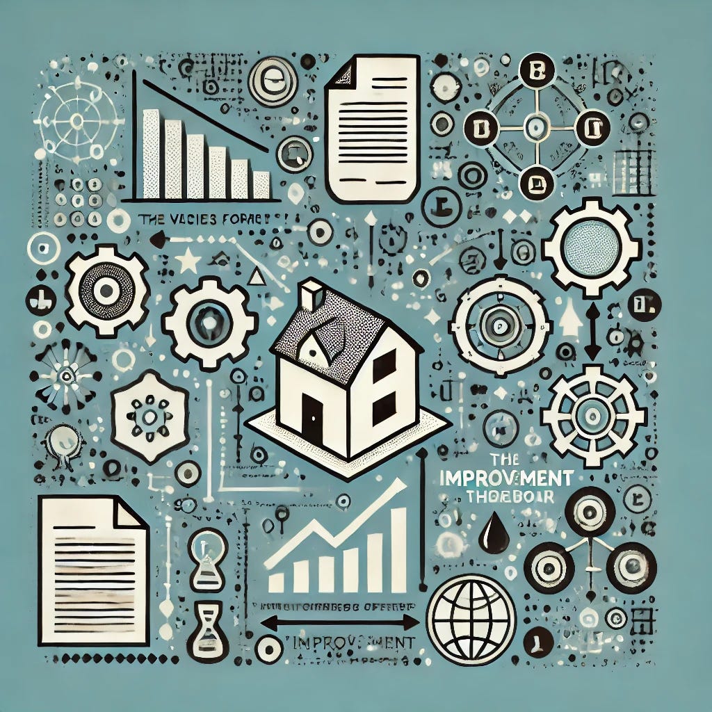 Create a simple and symbolic image to represent the concept 'The Various Forms and Objects of Property, and the Improvement Thereof' as discussed by Hayek. Depict different types of property, such as a house, a patent document, and a digital symbol (like a data cloud), arranged in a way that shows their evolution and expansion over time. Use arrows or other subtle design elements to indicate the improvement and progression of property rights. Keep the colors minimal and focus on clarity to convey the idea of property rights evolving and expanding.