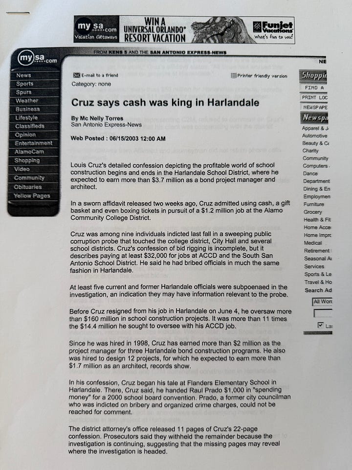 Story as published by the San Antonio Express-News based on beleaguered architect Louis Cruz's confession detailing a mafia-style kickback system where construction contractors paid Harlandale School Board member to get work in school construction. Click on image to read the clip. (Mc Nelly Torres | Don't Forget My Voice)