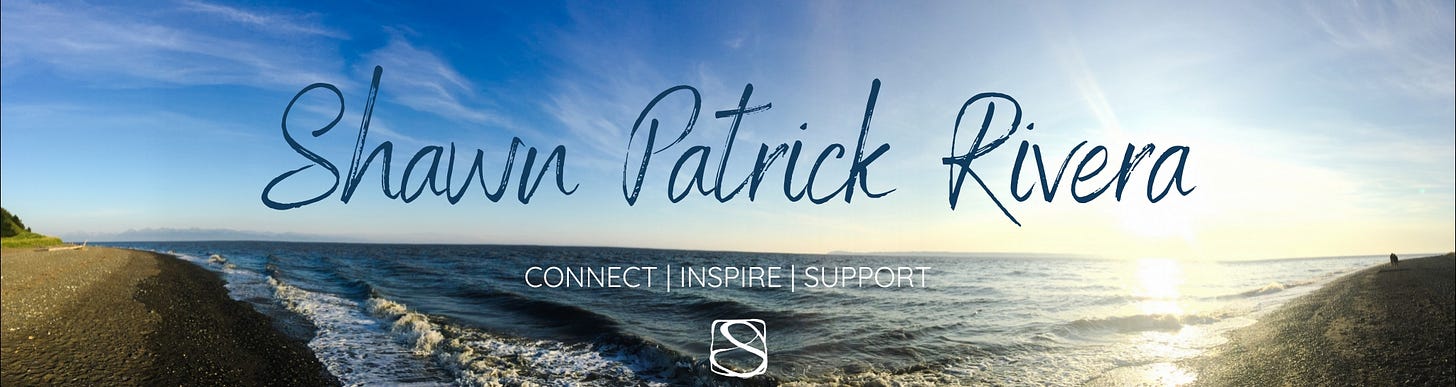Website name (Shawn Patrick Rivera) with words (Connect | Inspire | Support) over photo of the ocean