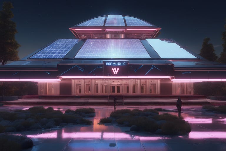 Solarpunk illustration of a decentralised government building with holographic displays Solarpunk illustration of a decentralised government building with holographic displays