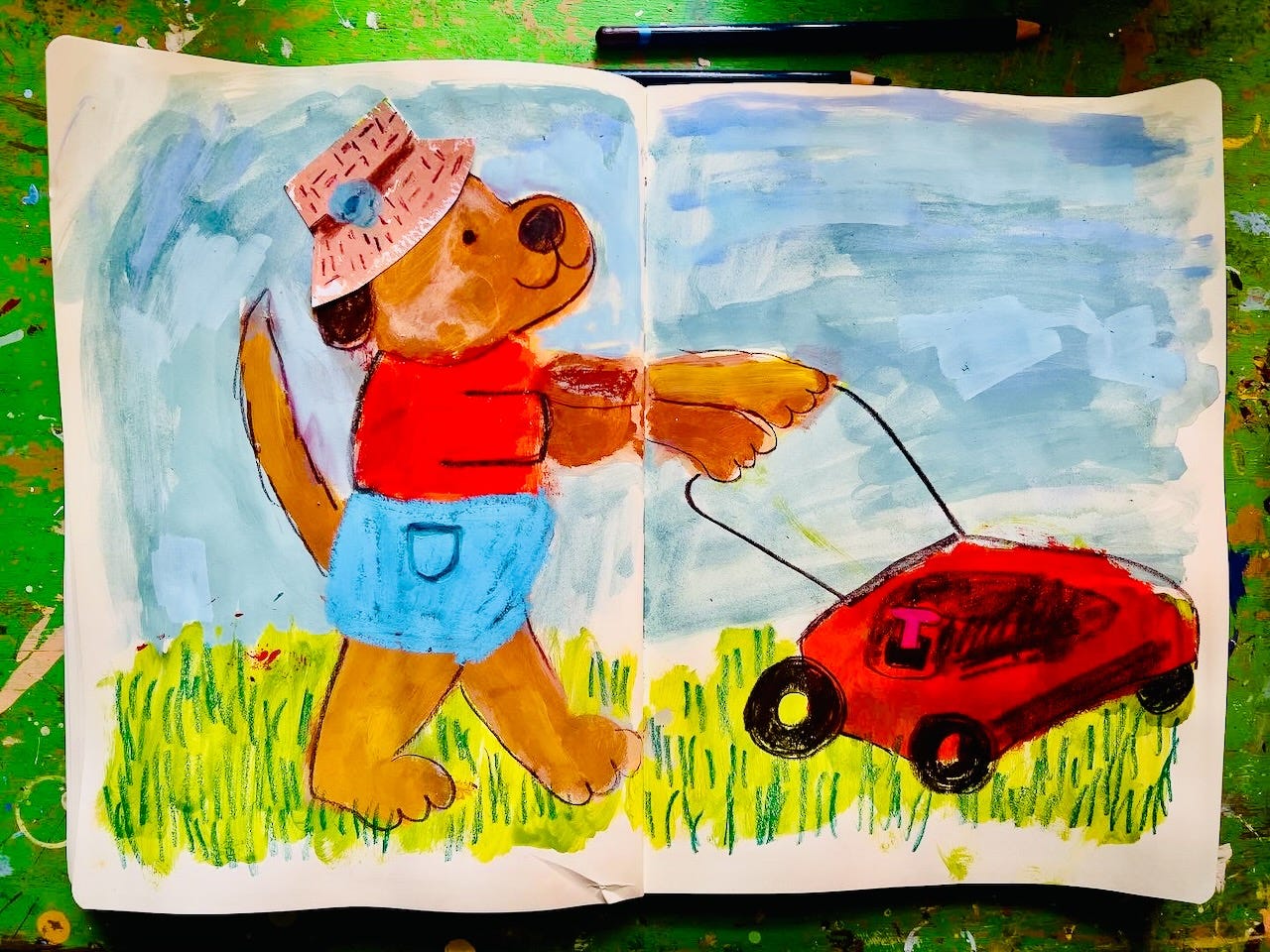 sketchbook illustration of a dog mowing the lawn by Beth Spencer