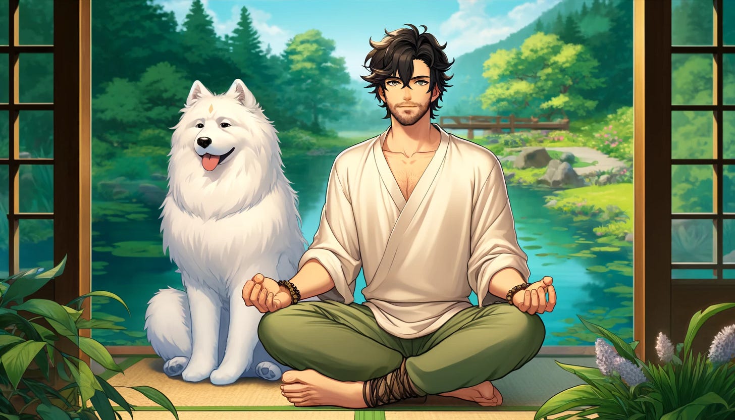 A young man with dark hair and a beard, now wearing relaxed, comfortable clothes suitable for meditation, and a Samoyed dog are meditating by a serene pond. The man looks more like the one in the previous image, with a slightly rugged and adventurous appearance. He is seated in a cross-legged position with his eyes closed and hands resting on his knees. The dog is sitting calmly beside him with a peaceful expression. The background features lush greenery, calm water, and a tranquil atmosphere. The style should be more anime-like with exaggerated features, vibrant colors, and a distinct, clean anime aesthetic.