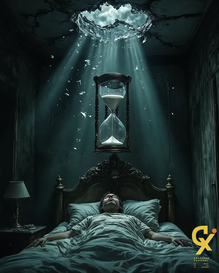 This may contain: a man laying in bed under an hourglass with light coming from the ceiling above him