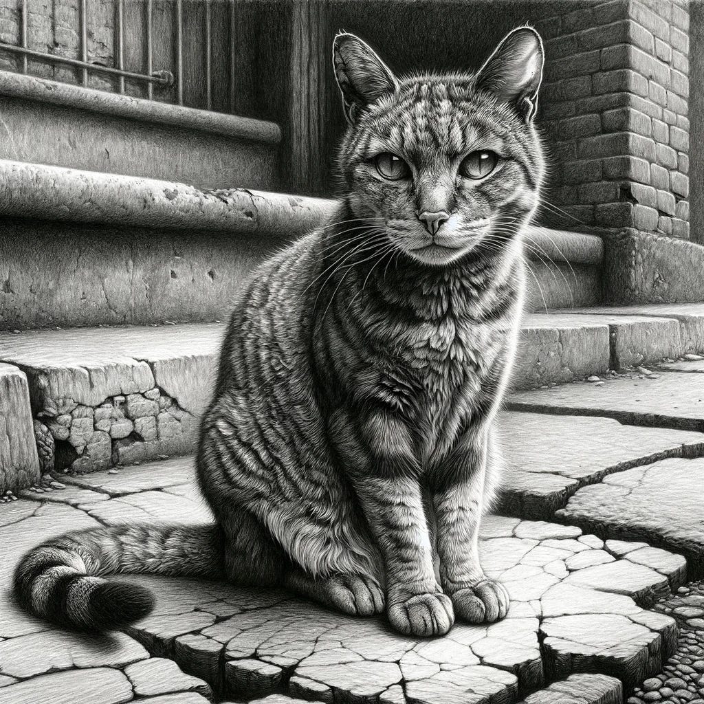 A highly detailed pencil drawing of a regular street cat sitting calmly on a cracked, uneven sidewalk in an urban environment. The cat has a lean, muscular build with short fur that shows signs of a life spent outdoors, including a few nicks in its ears and a rugged appearance. Its fur pattern is a mix of grays and browns, typical of many street cats, and its eyes are alert and watchful. The background features the base of a brick wall and a portion of a chain-link fence, emphasizing the cat's resilience and independence. The scene captures the essence of a street cat's life, blending into the urban landscape yet standing out with its undeniable survival spirit.