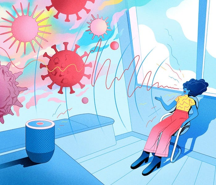 Cartoon of a smart speaker listening to a woman's voice with the sound waves turning into virus particles Cartoon of a smart speaker listening to a woman's voice with the sound waves turning into virus particles