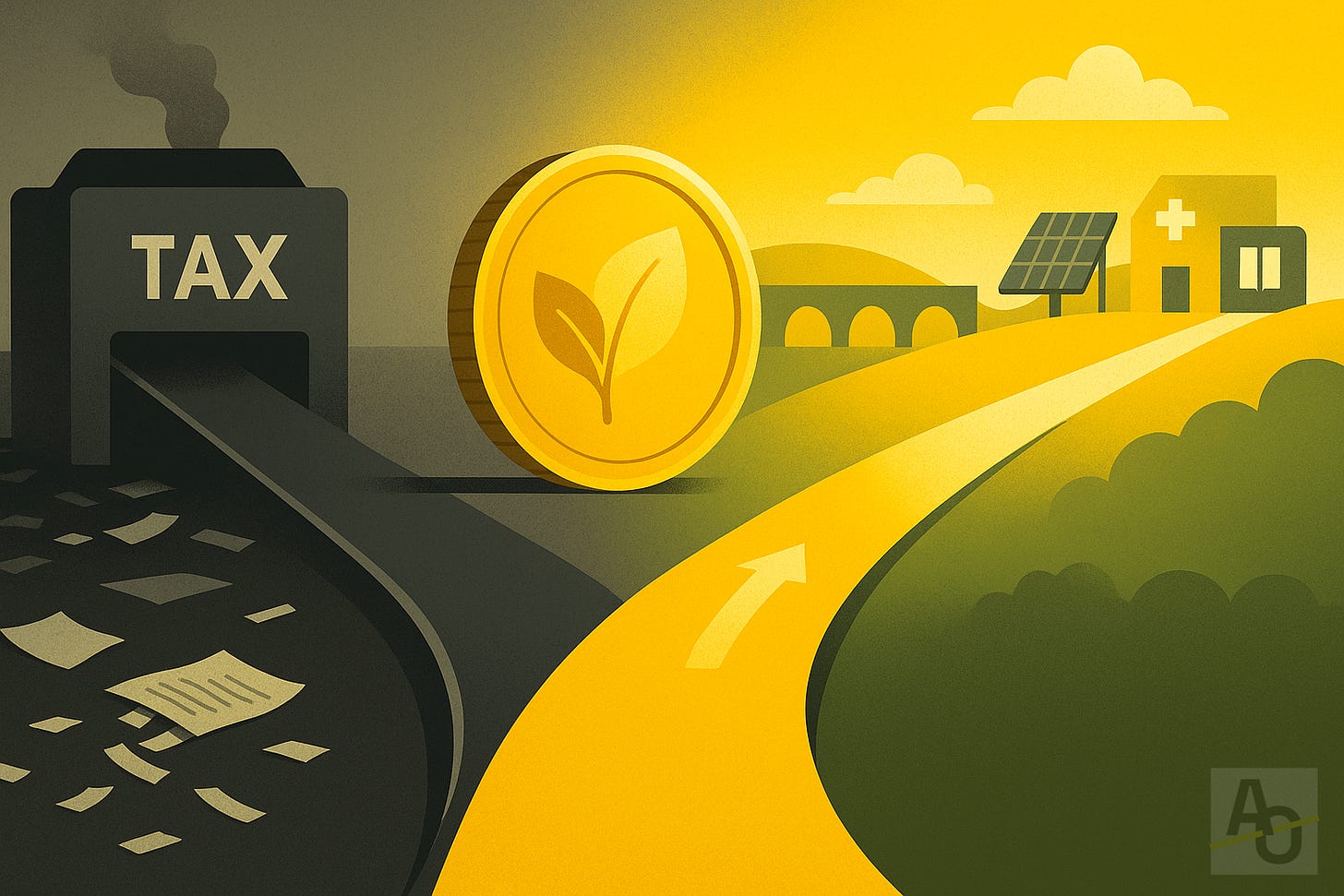 A symbolic illustration of a forked path with a large gold coin at the center. The left path leads into a dark tax shredder labeled "TAX," with paper fragments scattered below. The right path, bathed in warm yellow light, curves toward a sunny landscape featuring icons of a solar panel, bridge, clinic, and school. The image uses Atlas October’s signature yellow to highlight the hopeful path of public investment over taxation. A symbolic illustration of a forked path with a large gold coin at the center. The left path leads into a dark tax shredder labeled "TAX," with paper fragments scattered below. The right path, bathed in warm yellow light, curves toward a sunny landscape featuring icons of a solar panel, bridge, clinic, and school. The image uses Atlas October’s signature yellow to highlight the hopeful path of public investment over taxation.