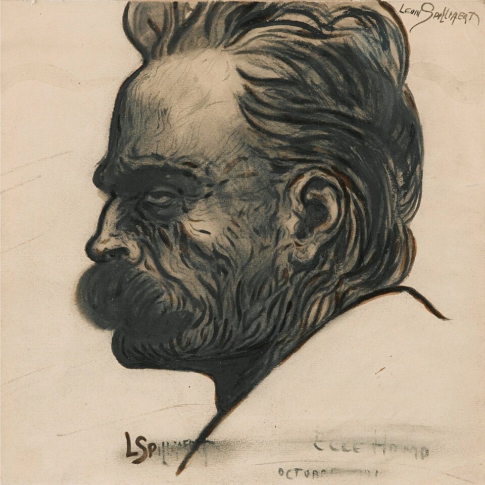 A drawing of Nietzsche in profile, with Nietzsche facing left.  A drawing of Nietzsche in profile, with Nietzsche facing left.