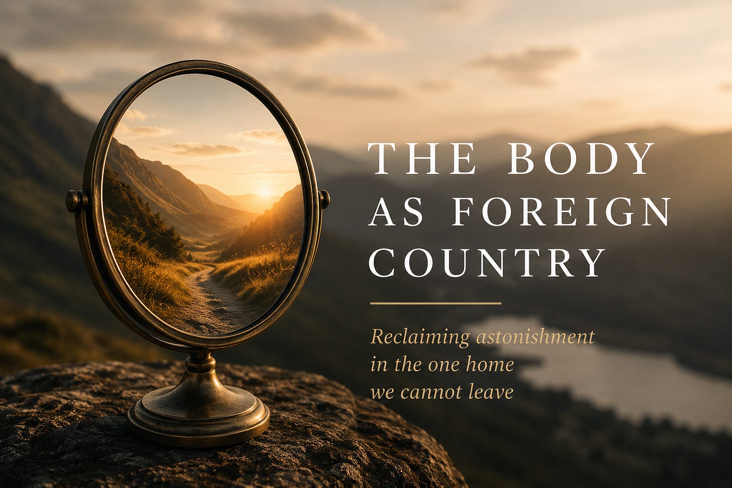 An editorial graphic featuring a circular brass mirror resting on a dark rock, set against a soft-focus background of distant mountains and a winding river valley during sunset. Instead of a human reflection, the mirror reveals a clear dirt path winding through a golden, sunlit mountain valley toward the sun. To the right of the mirror, elegant text reads: "THE BODY AS FOREIGN COUNTRY," separated by a thin gold line from the italicized subtitle: "Reclaiming astonishment in the one home we cannot leave."