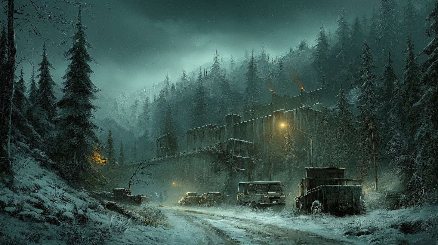 A snowy mountain road leads toward an ominous fortified structure hidden among dense, frost-covered pine trees. Abandoned vehicles line the roadside under sparse yellow streetlights as icy fog rolls down from the dark hills.