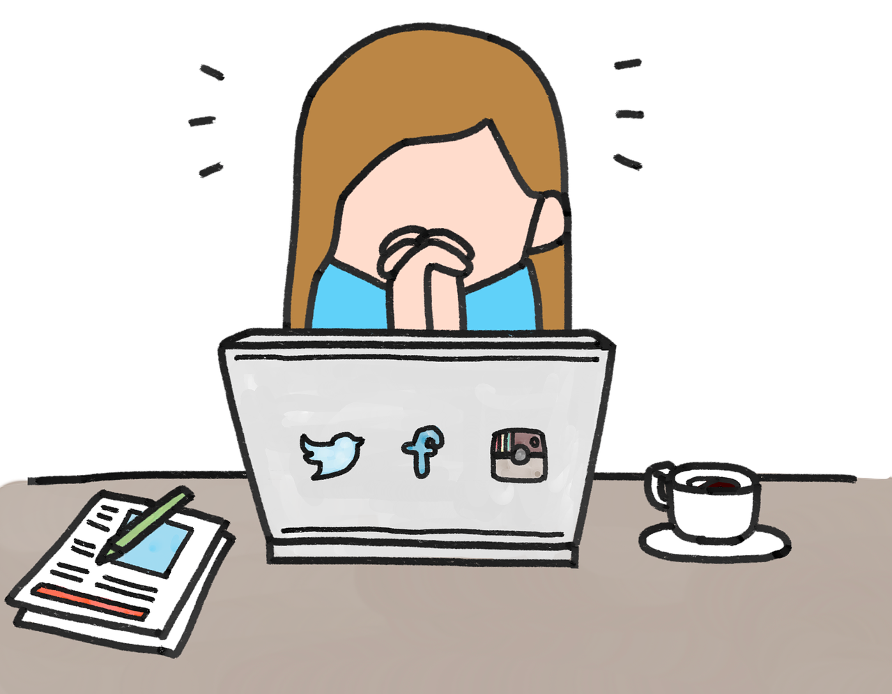 cartoon person with hands folded sitting behind laptop with social media icons on cover, coffee and papers on table